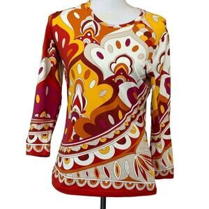 J. McLaughlin orange/cream/rust top, Catalina cloth, small, graphic‎ print